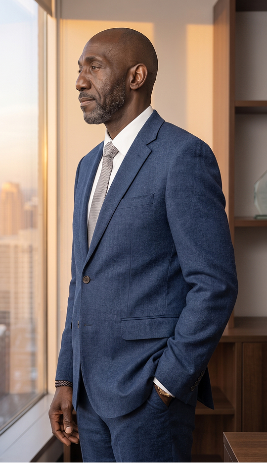 Frank Letman standing in a suit by a window